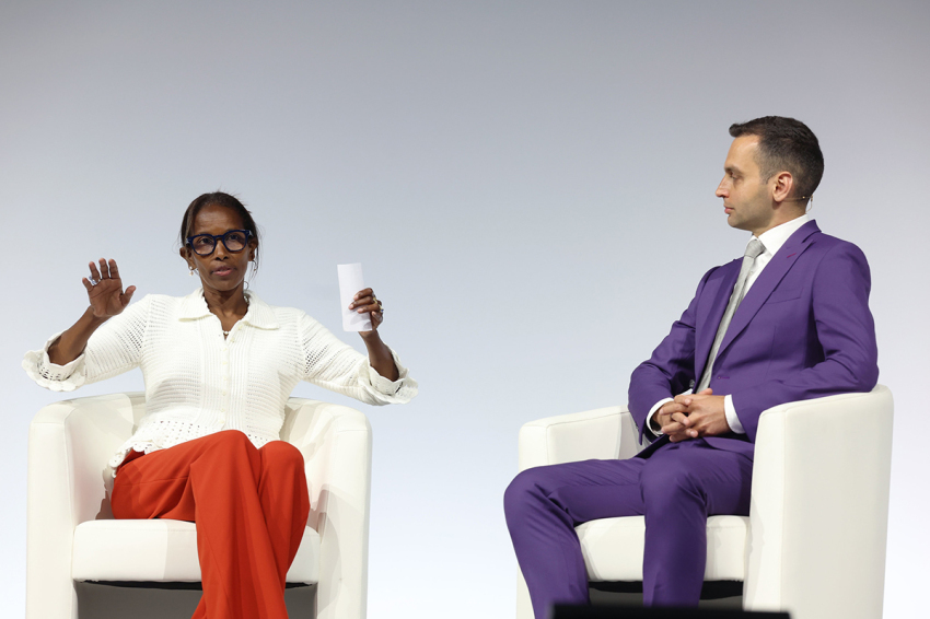 Konstantin Kisin (R) interviews Ayaan Hirsi Ali (L) at the Alliance for Responsible Citizenship Conference 2026 in London, England, on June 23, 2026.