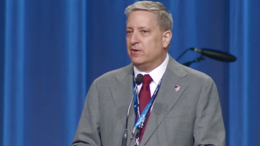 The Rev. Fred Greco, senior pastor of Christ Church in Katy, Texas, delivers a speech to the PCA General Assembly in Louisville, Kentucky, after being elected the PCA's sixth stated clerk on June 23, 2026.