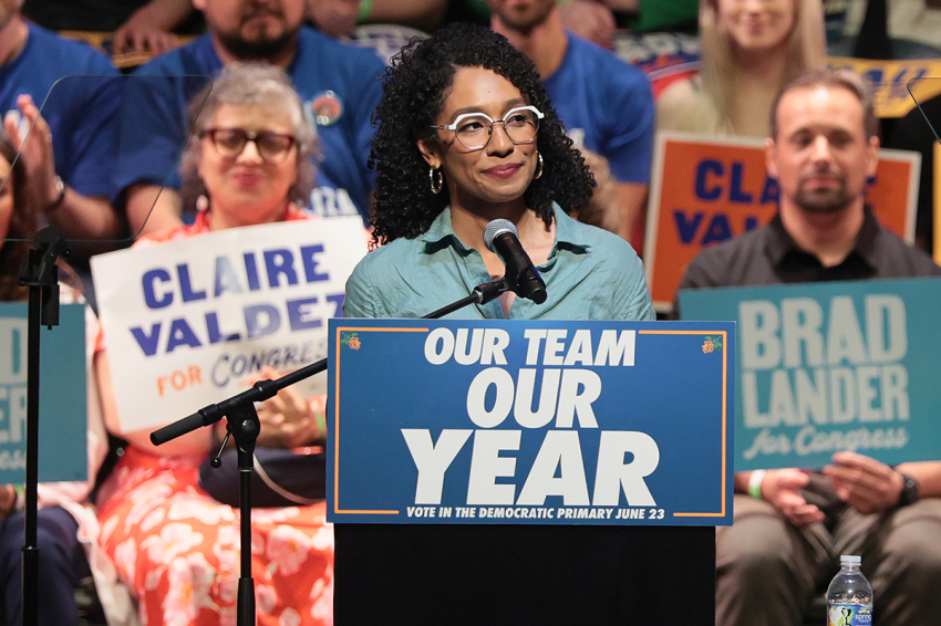 Congressional candidate Darializa Avila Chevalier speaks during a Get Out the Vote rally at King's Theater on June 18, 2026, in New York City.