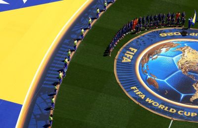 Bosnia and Herzegovina players line up before the FIFA World Cup 2026 Group B match between Bosnia and Herzegovina and Qatar at Seattle Stadium on June 24, 2026 in Seattle, Washington.