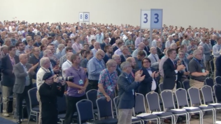 The 53rd General Assembly of the Presbyterian Church in America (PCA) in Louisville, Kentucky, offers a standing ovation to the Rev. Fred Greco upon his election as stated clerk on June 23, 2026.