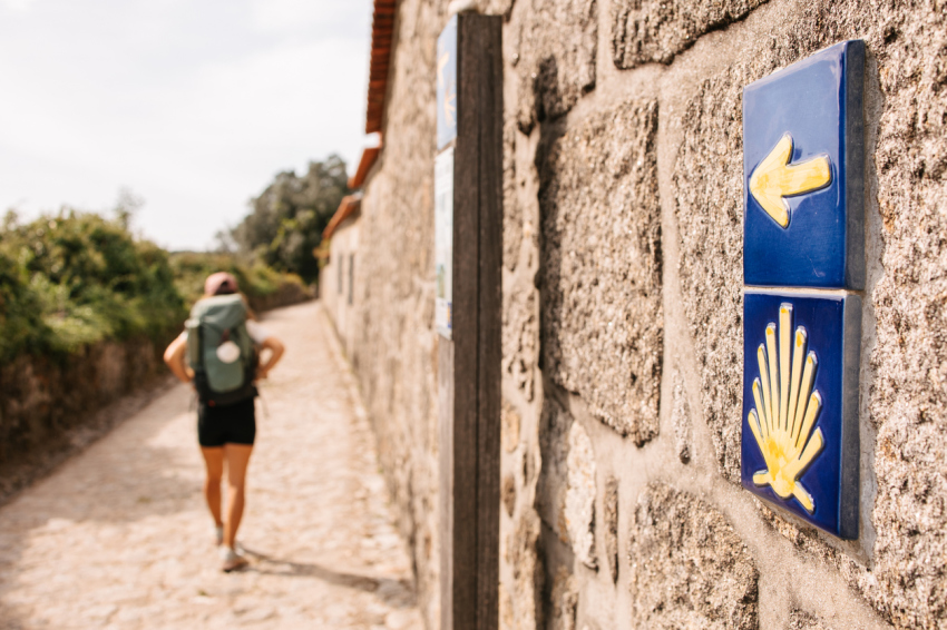 Camino de Santiago directional sign stock photo