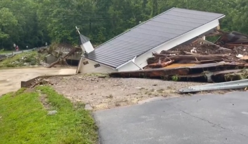 The roof of Million Church sits in Richmond, Kentucky, after the building was destroyed by flash flooding on June 27, 2026.