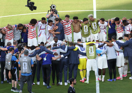 Mauricio Pochettino, head coach of the United States, celebrates victory with his players after the FIFA World Cup 2026 round of 32 match between the USA and Bosnia and Herzegovina at the San Francisco Bay Area Stadium on July 1, 2026, in Santa Clara, California.