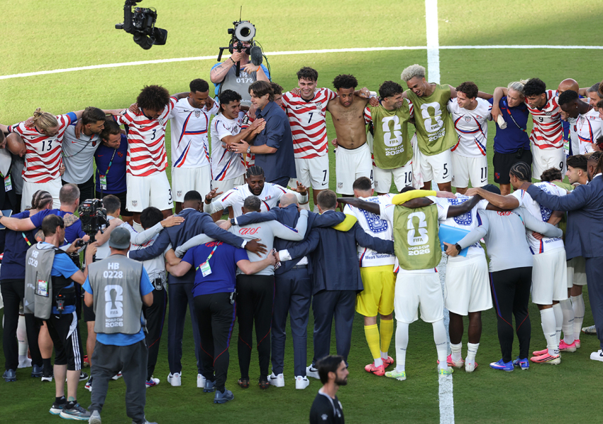Mauricio Pochettino, head coach of the United States, celebrates victory with his players after the FIFA World Cup 2026 round of 32 match between the USA and Bosnia and Herzegovina at the San Francisco Bay Area Stadium on July 1, 2026, in Santa Clara, California.