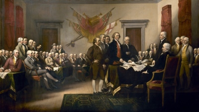 John Trumbull's famous 1819 painting, which hangs in the rotunda of the U.S. Capitol, depicts the five-man drafting committee of the Declaration of Independence presenting their work to the Congress. Charles Carroll of Carrollton is shown seated in the back row, looking behind him.
