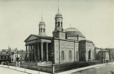 A 1907 photo of The Basilica of the Assumption of Baltimore, Maryland, which is also known as the Basilica of the National Shrine of the Assumption of the Blessed Virgin Mary.