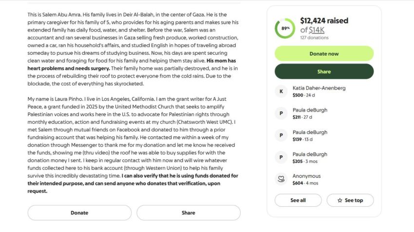 CodePink activist Laura Pinho's GoFundMe campaign for Salem S.E. Abu Amra, which she created in March 2025.