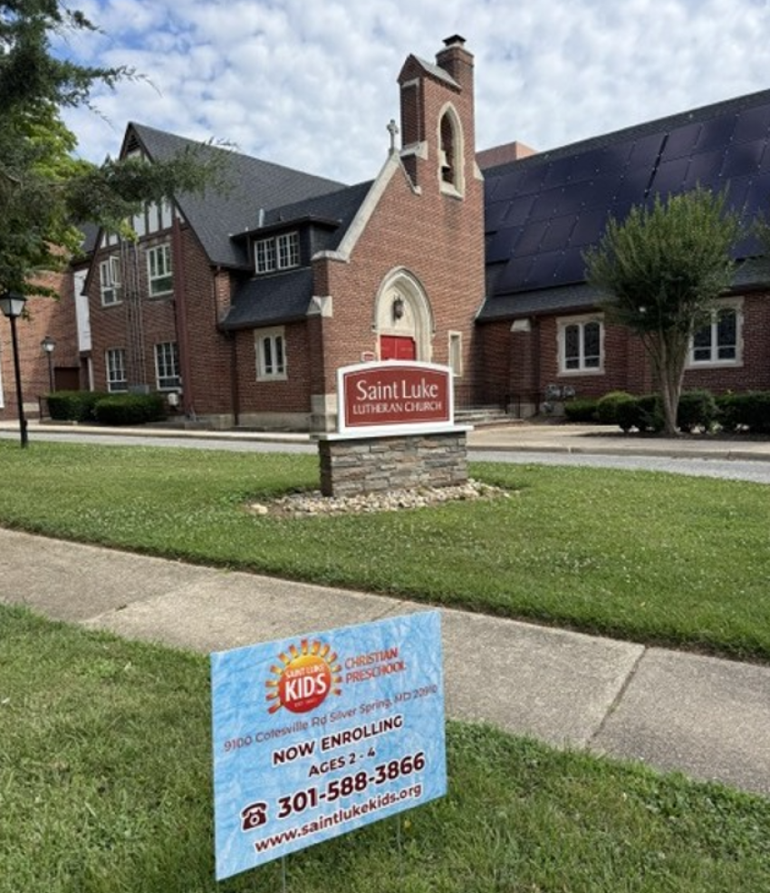 The front exterior of St. Luke Lutheran Church in Silver Springs, Maryland. 