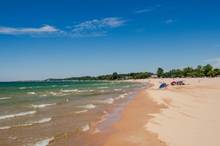 Stearns Park Beach on the eastern shore of Lake Michigan in Ludington, Michigan.