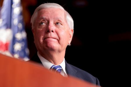U.S. Sen. Lindsey Graham, R-S.C., looks on during a press conference at the U.S. Capitol on April 27, 2026, in Washington, D.C.