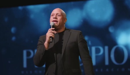 Richard Reinaldo Garcia, pastor at Gracia Church of Fort Worth, Texas, preaching at a service in January 2023. 
