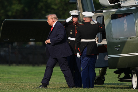 U.S. President Donald Trump steps off Marine One after landing at the Ellipse near the White House on July 15, 2026, in Washington, D.C. Trump is returning from Carlisle, Pennsylvania where he attended the Pennsylvania Defense and Innovation Summit at U.S. Army War College.
