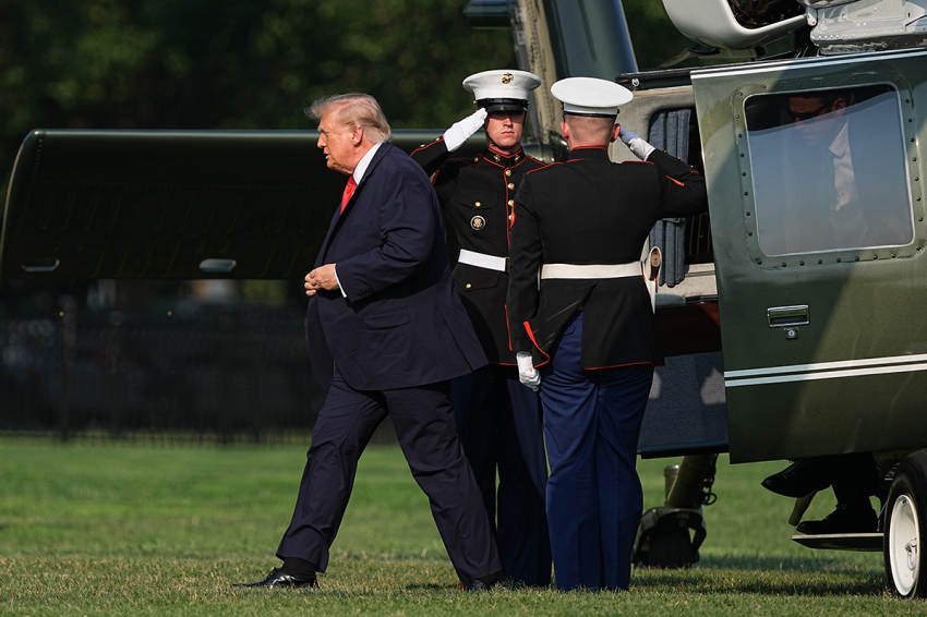 U.S. President Donald Trump steps off Marine One after landing at the Ellipse near the White House on July 15, 2026, in Washington, D.C. Trump is returning from Carlisle, Pennsylvania where he attended the Pennsylvania Defense and Innovation Summit at U.S. Army War College.