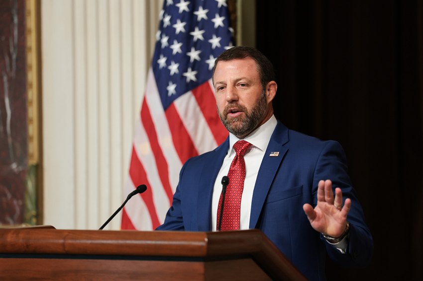 Secretary of Homeland Security Markwayne Mullin speaks during a news conference in the Eisenhower Executive Office Building on July 17, 2026, in Washington, D.C.