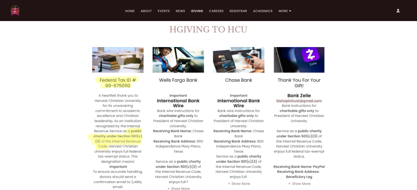 A screenshot of the Harvest Christian University promoting a non-existent federal tax ID number. 