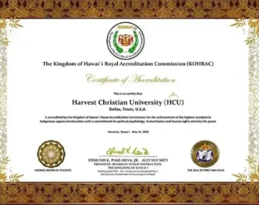 A screenshot of an image described as a "Certificate of Accreditation" posted on the Harvest Christian University website.