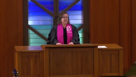 The Rev. Rebecca Todd Peters delivers an address titled "Reclaiming Scripture for Reproductive Dignity" during a "Repro Rights Shabbat" at Temple Beth El in Charlotte, North Carolina, in February 2026.