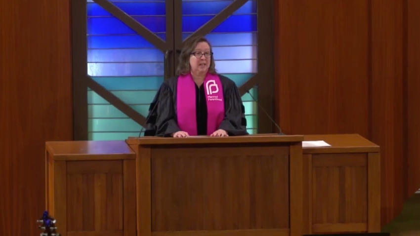 The Rev. Rebecca Todd Peters delivers an address titled "Reclaiming Scripture for Reproductive Dignity" during a "Repro Rights Shabbat" at Temple Beth El in Charlotte, North Carolina, in February 2026.