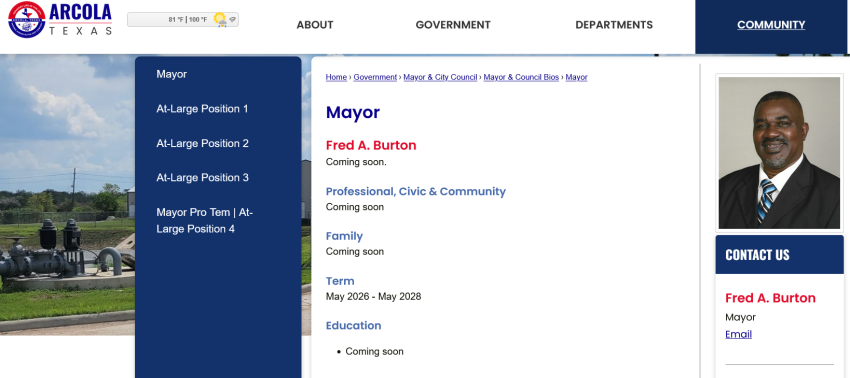A screenshot of the official Arcola city website in which Burton is still listed as mayor as of July 22, 2026.
