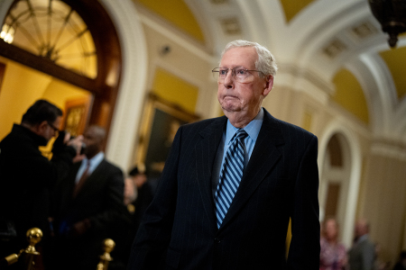 U.S. Senate Minority Leader Mitch McConnell, R-Ky., arrives for a news conference following the weekly Senate Republican policy luncheon at the U.S. Capitol on Nov. 19, 2024, in Washington, D.C. During the news conference Senate Republicans discussed U.S. President-elect Donald Trump's desire for recess appointments, if congress will pass a continuing resolution or an omnibus bill at the end of the year, and other topics.
