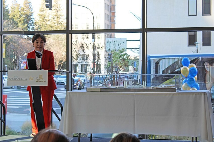 Rep. Doris Matsui presents the I Street Bridge design in Sacramento, California on Feb. 21, 2020.