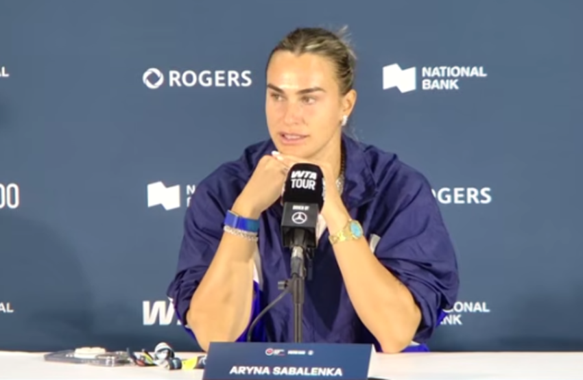 Tennis player Aryna Sabalenka speaks at a pre-tournament press conference ahead of the National Bank Open in Canada, Aug. 2, 2026.
