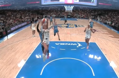 Chicago Sky's DiJonai Carrington fouls Indiana Fever's Sophie Cunningham on Aug. 8, 2026.