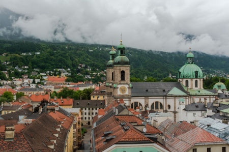 A view of the Old Town (Altstadt) in Innsbruck, Austria.