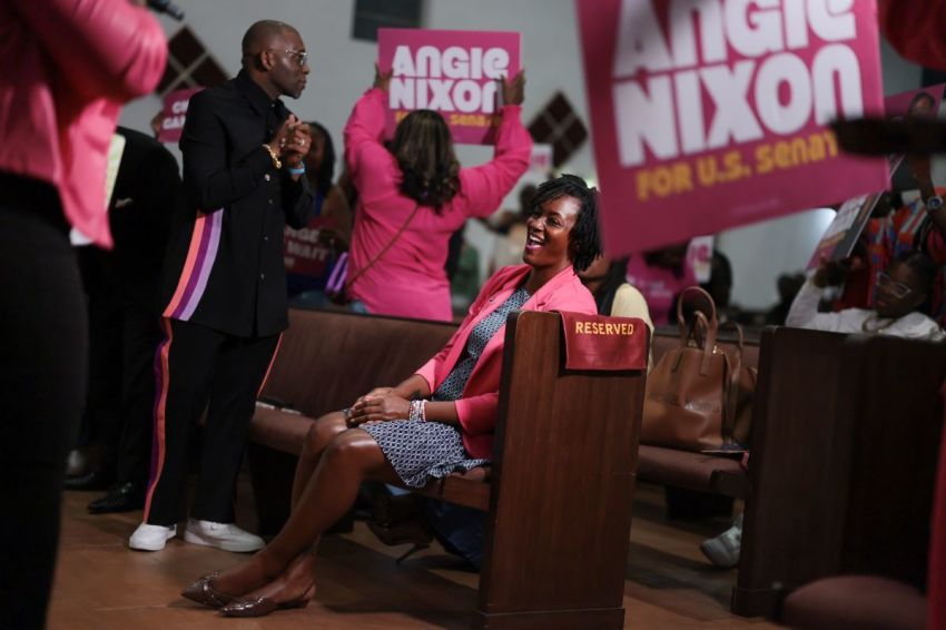 Democratic U.S. Senate candidate, Florida state Rep. Angie Nixon participates in a worship service during a visit to the Ebenezer Missionary Baptist Church on August 17, 2026, in Hallandale Beach, Florida.