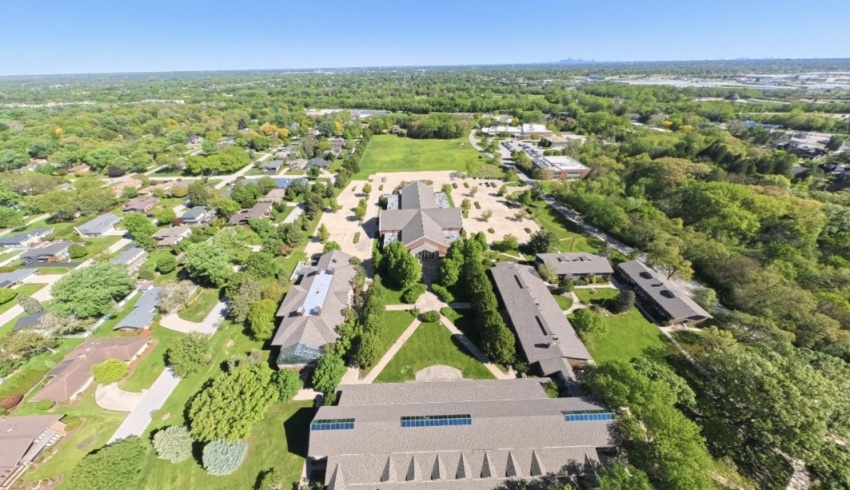 An aerial view of Trinity Christian College of Palos Heights, Illinois. Image was taken as part of a digital preservation project by Egents Innovations.