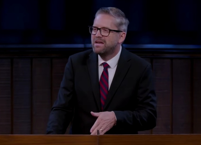 Pastor Nathan Busenitz preaches a sermon in August 2026 at Grace Community Church in Sun Valley, California.