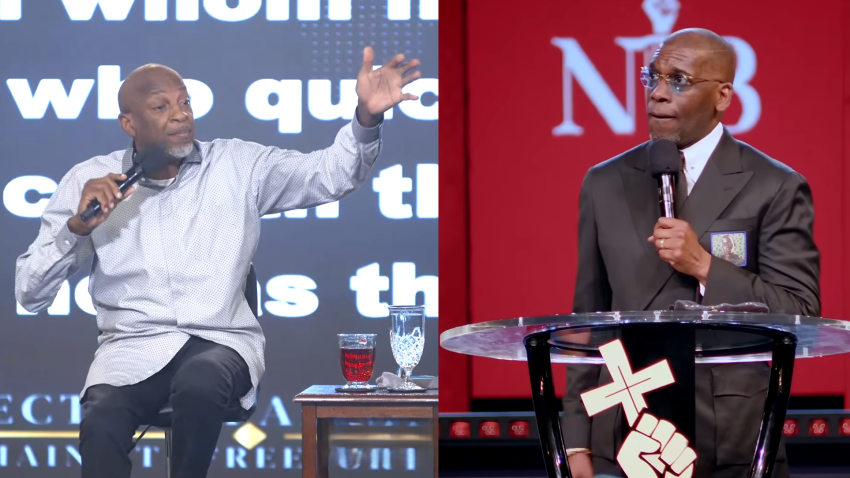Grammy-winning gospel star and pastor of Perfecting Faith Church in Freeport, New York, Donnie McClurkin (L) and Pastor Jamal Bryant of New Birth Missionary Baptist Church in Stonecrest, Georgia, (R).