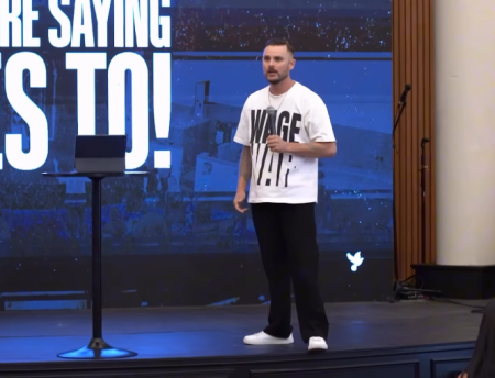 Pastor Ray Valdez of Zeal Church of Spokane, Washington, speaks during a service on August 23, 2026.
