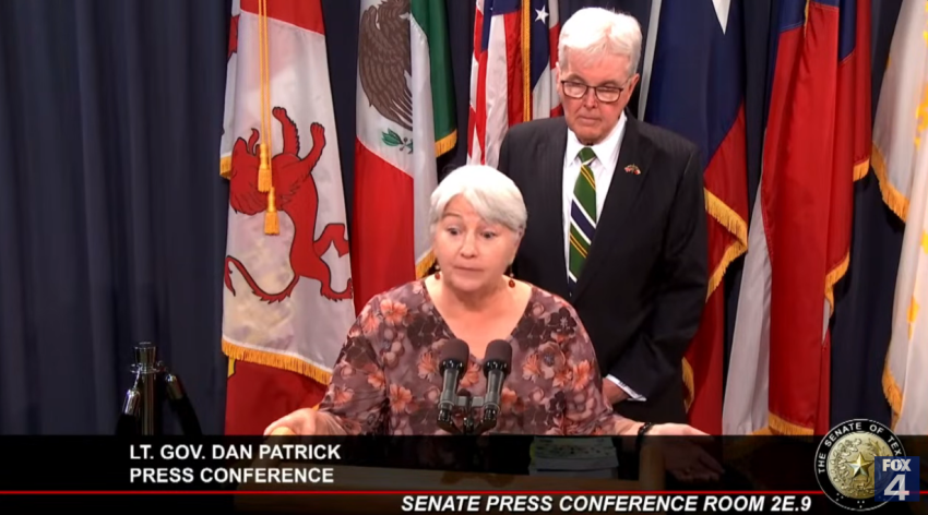 Recover America legislative liaison Bonnie Wallace (center) speaks during a media briefing with Texas Lt. Gov. Dan Patrick on Aug. 19, 2026. 