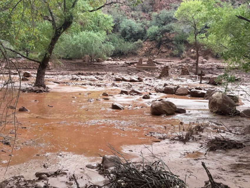 Remnants of stone bridge pylons remain along Bright Angel Creek in Arizona following a flash flood that destroyed the footbridge on Aug. 29, 2026.