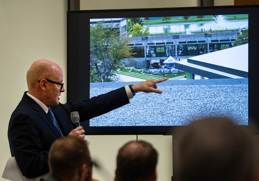 Deputy Utah County Attorney Chad Grunander points out a “shooter’s perch” in an on-screen image during his closing arguments in the preliminary hearing for Tyler Robinson, the man accused of fatally shooting Charlie Kirk, at the 4th District Court on Sept. 1, 2026, in Provo, Utah. Oral arguments began to decide whether there is probable cause to justify a murder trial for Tyler Robinson, who is accused of killing conservative activist Charlie Kirk.