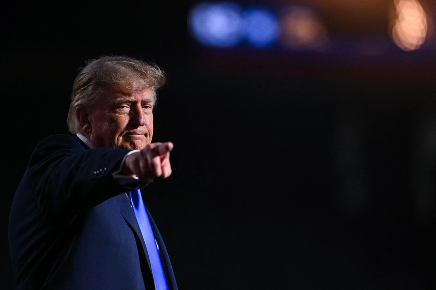 President Donald Trump gestures after concluding his remarks during the Republican National Midterm Convention at the American Airlines Center in Dallas, Texas, on September 9, 2026. 
