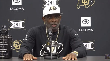 Colorado Buffaloes football team head coach Deion "Coach Prime" Sanders speaks in tongues at the start of a post-game press conference on Saturday, September 12, 2026.