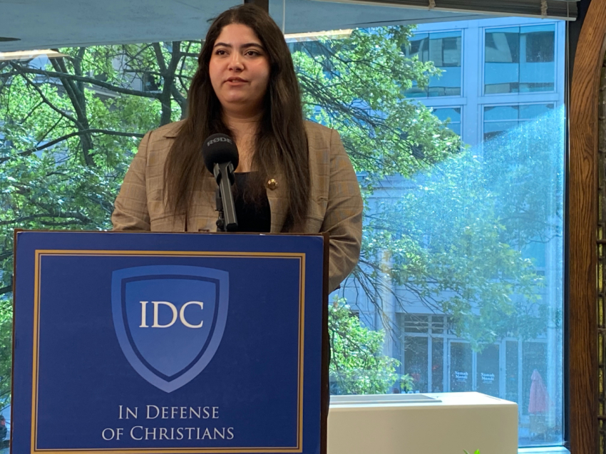 Natalie Khalil, the daughter of imprisoned Syrian Christian Suleiman Khalil, speaks at the In Defense of Christians Headquarters in Washington, D.C., Sept. 15, 2026.