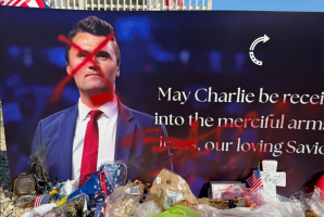 Charlie Kirk statue defaced with red paint; 'Jesus' crossed out, 'Satan' spray-painted over it