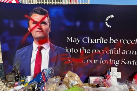 Charlie Kirk statue defaced with red paint; 'Jesus' crossed out, 'Satan' spray-painted over it