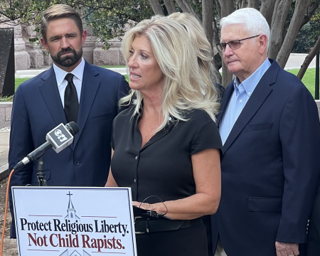 Cindy Clemishire speaks outside the Texas Supreme Court in Austin, Texas, on Sept. 17, 2026.
