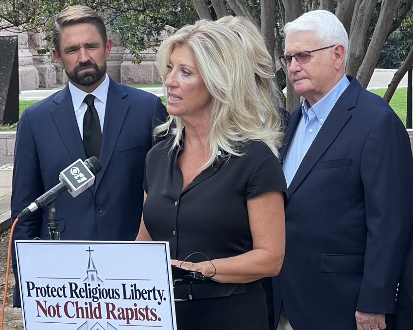 Cindy Clemishire speaks outside the Texas Supreme Court in Austin, Texas, on Sept. 17, 2026.