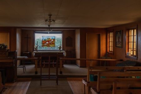 The interior of Oregon Trail Memorial Episcopal Church in Eden, Wyoming.