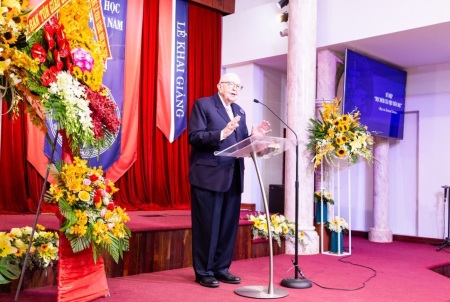 Sam James, an evangelist and author who was among the first Baptist missionaries in Vietnam in the mid-to-late 20th century, preaching at an event.