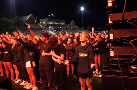 Students engage in worship at the 5th Quarter gathering at Valor Christian High School in Highlands Ranch, Colorado, on Friday, Sept. 18, 2026.