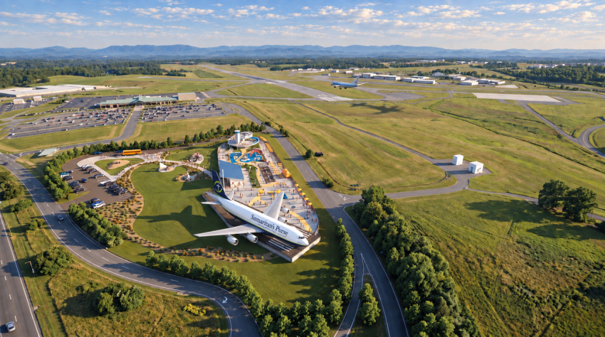 An artist's rendering shows the historic Samaritan's Purse DC-8 aircraft, the centerpiece of Liberty University's DC-8 Overlook project at Preston Glenn Field within Lynchburg Regional Airport.