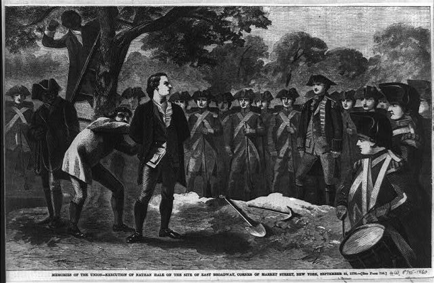 Execution of 21-year-old Nathan Hale on the site of east Broadway, corner of Market Street, New York City, on Sept. 22, 1776.