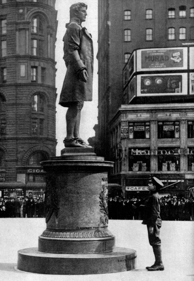 "A patriot of 1917 becoming imbued with the patriotism of the Revolutionary hero who, upon being led forth to die, voiced the inspiring regret that he had but one life to lose for his country," according to National Geographic.